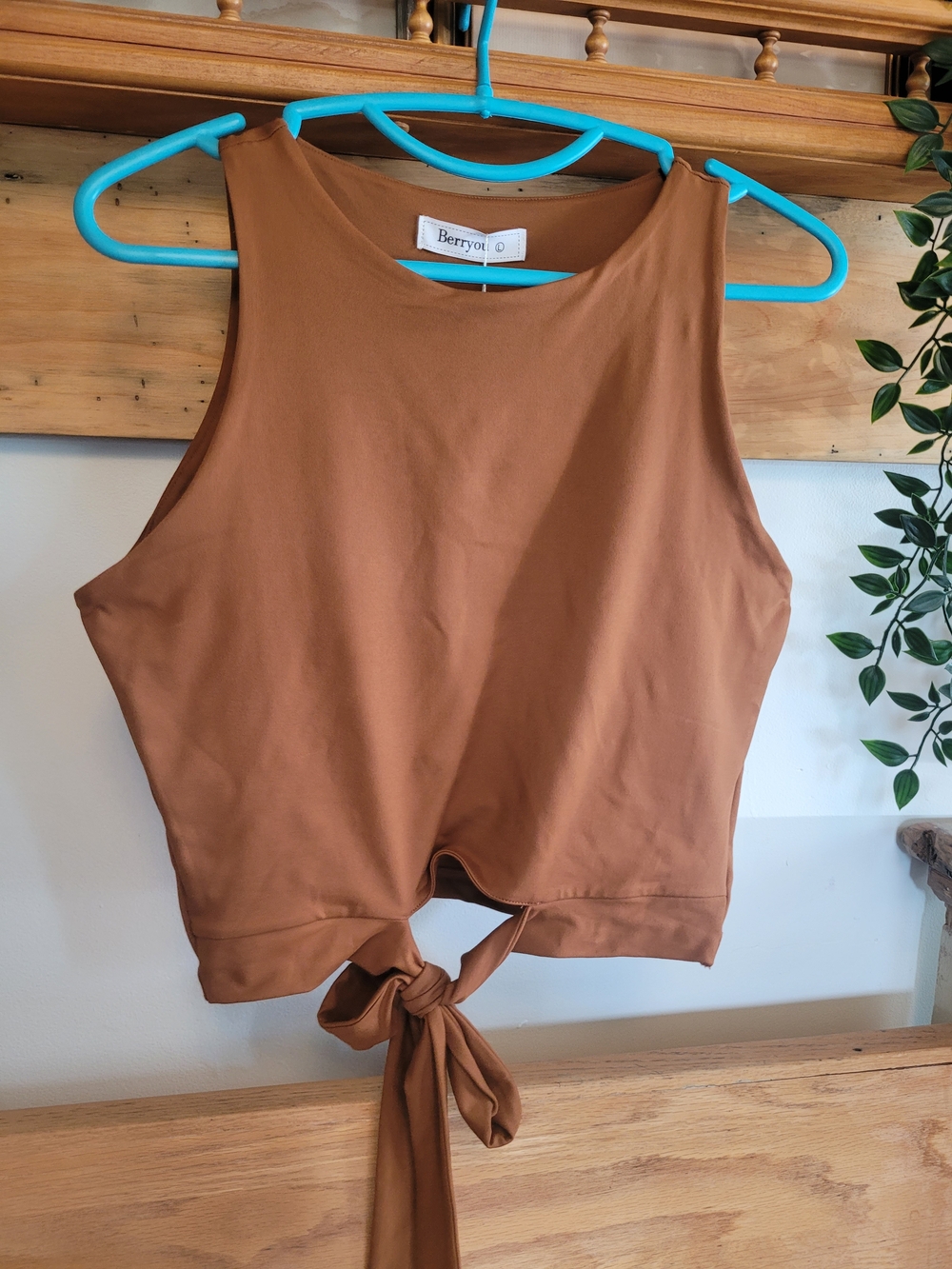 Nwt Berryou Brown Tie-Front Crop Tank Top